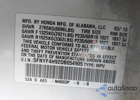 2013 Honda Pilot Touring z USA, uszkodzony, nr VIN 5FNYF4H92DB054905